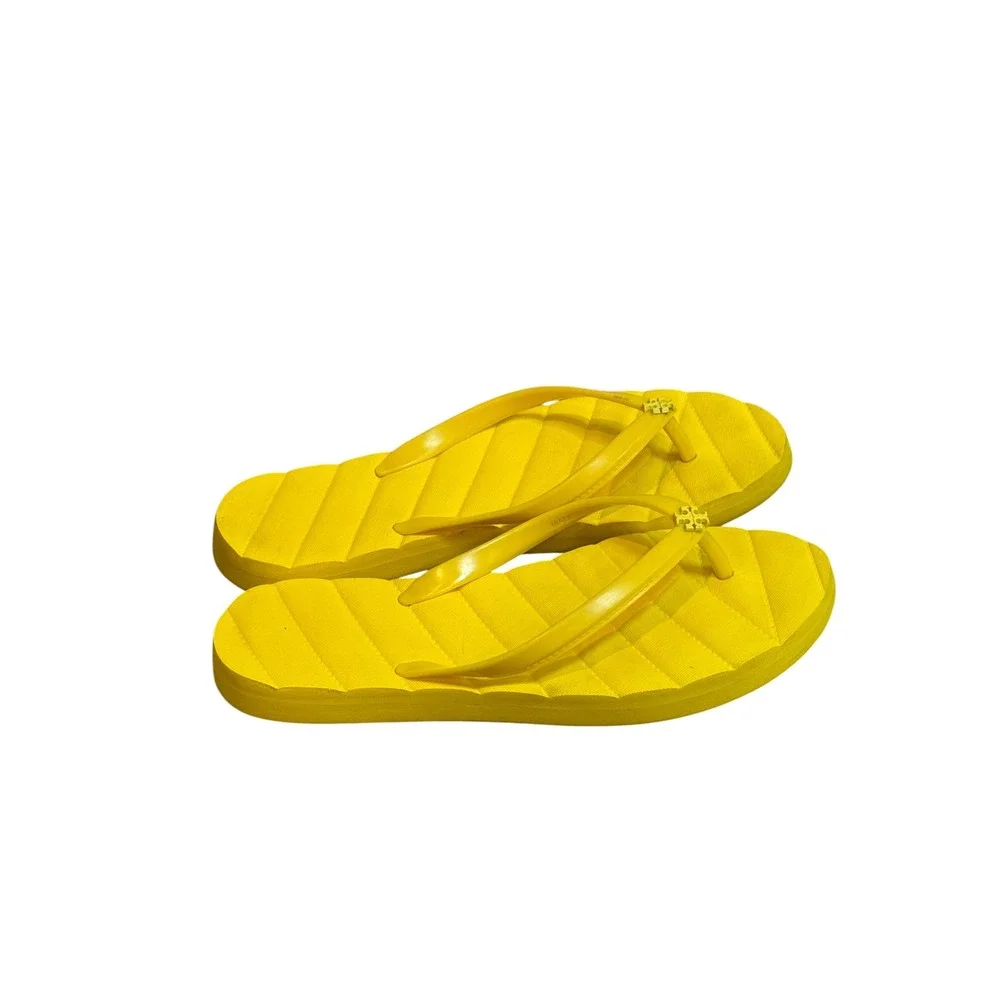 Tory Burch Yellow Quilted Texture Flip Flops Double T Logo Sandals Women Size 9